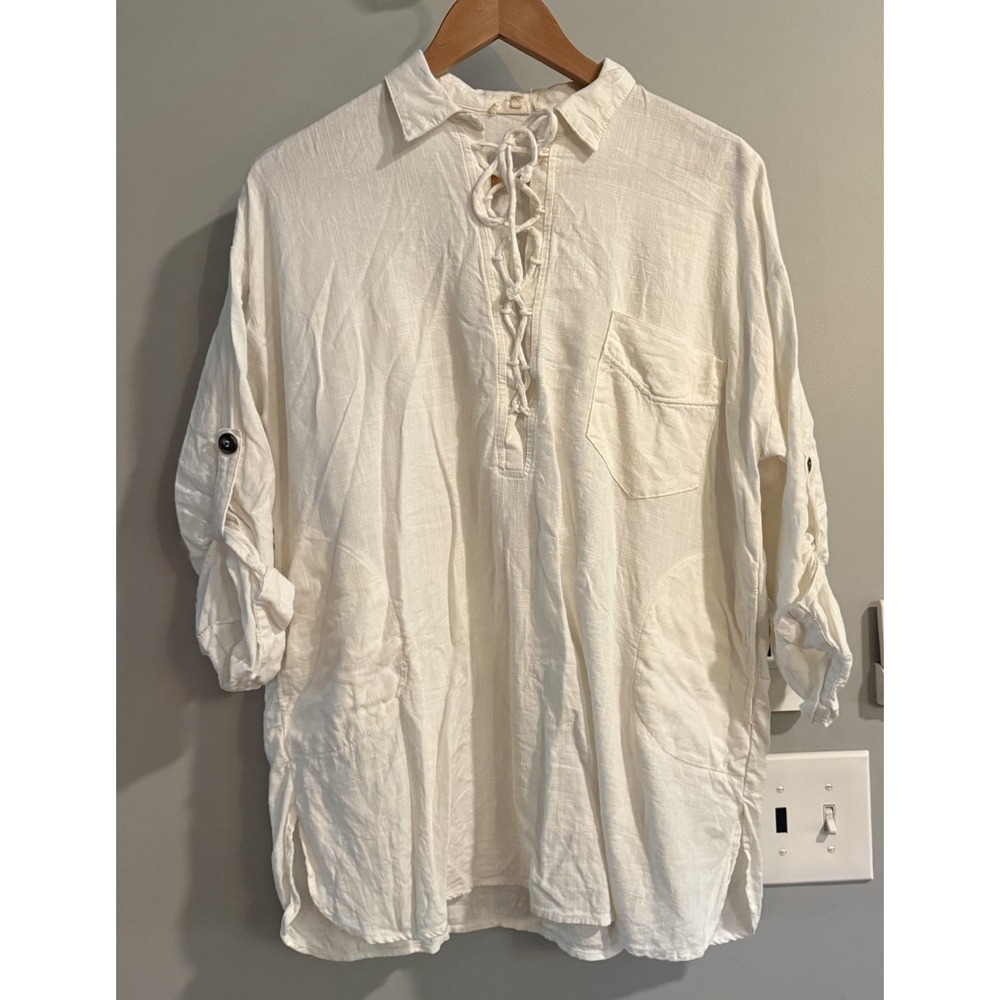 Crescent Top Viscose Linen Blend Pullover Boho Peasant Blouse Women's Small